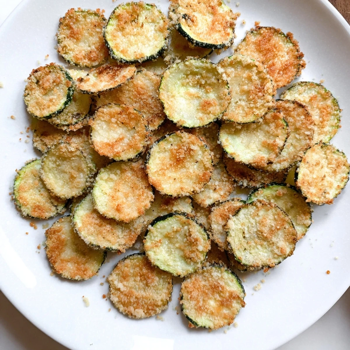 Golden, crispy Air Fryer Zucchini Chips seasoned with Parmesan and smoked paprika served warm.