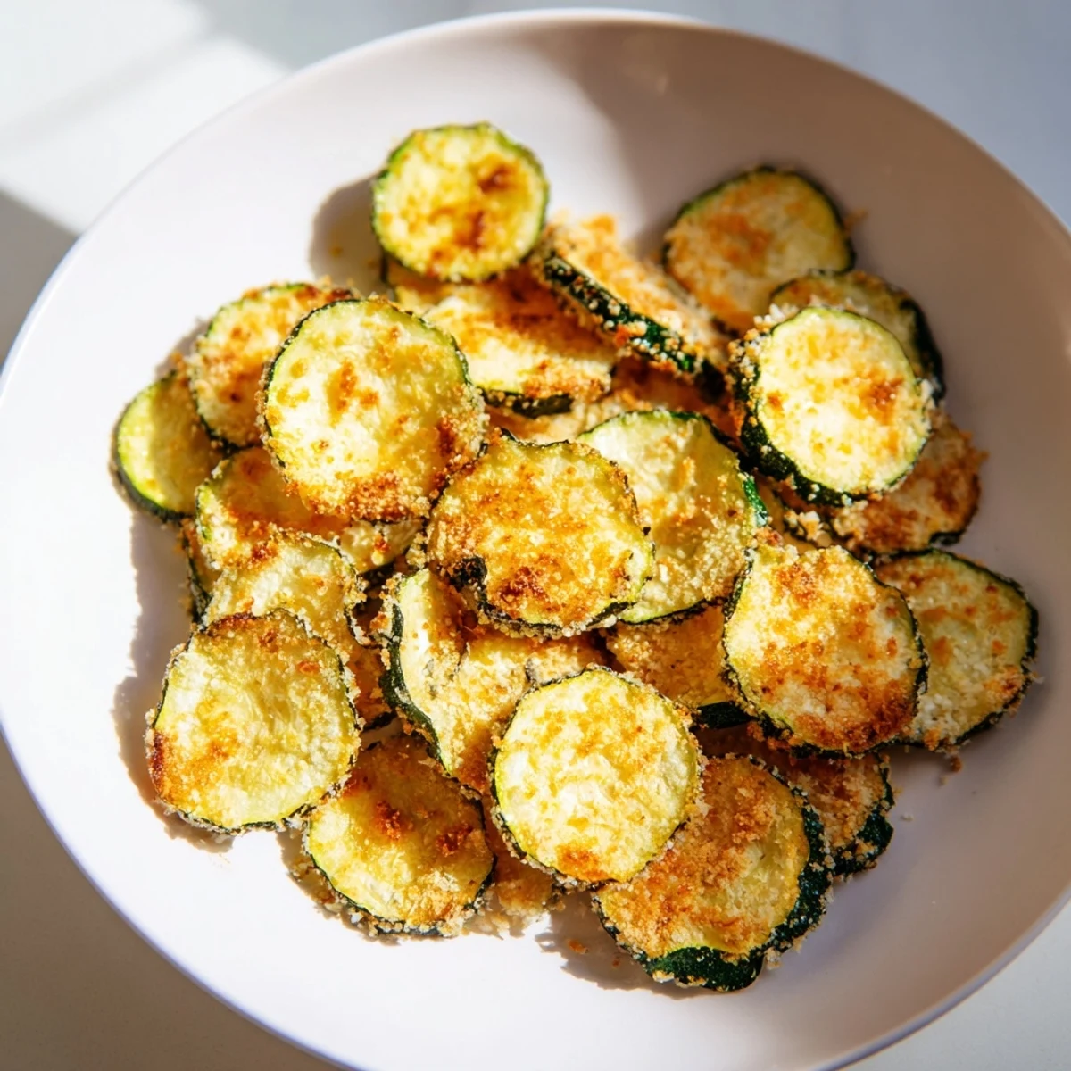 Healthy, crunchy Air Fryer Zucchini Chips on a platter, golden edges and tender centers.
