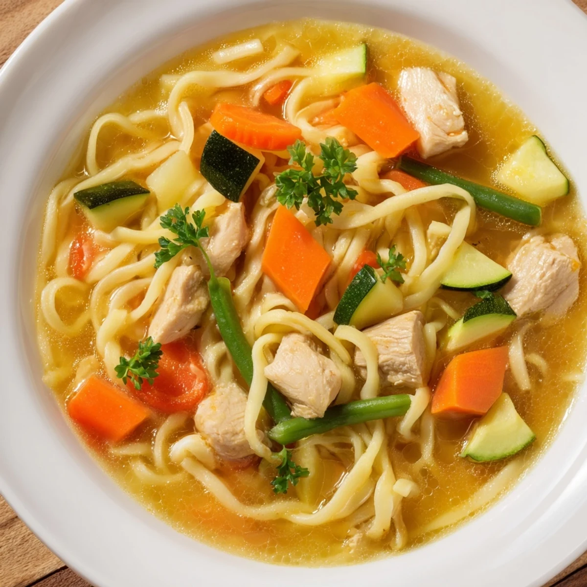 A warm bowl of Chicken Vegetable Soup with Noodles, featuring tender chicken and vibrant carrots in a savory broth, ready to serve.