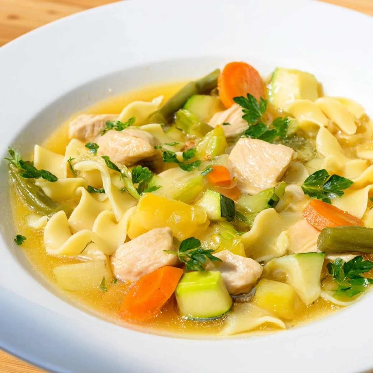 A close-up of Chicken Vegetable Soup with Noodles, highlighting zucchini and green beans in a rich golden broth inside a rustic pot.