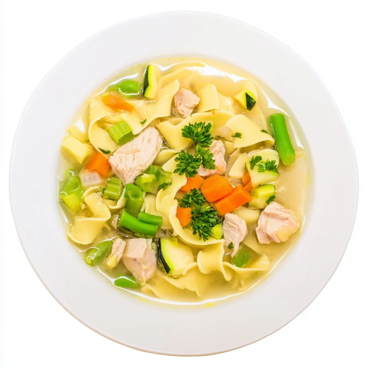Hearty Chicken Vegetable Soup with Noodles in a white bowl, garnished with fresh parsley, perfect for a comforting family dinner.