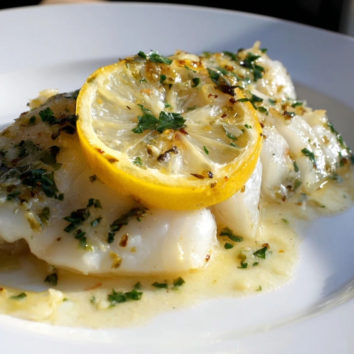 Freshly baked cod fillets glazed with lemon butter, topped with chopped parsley and lemon slices, served hot from the oven.