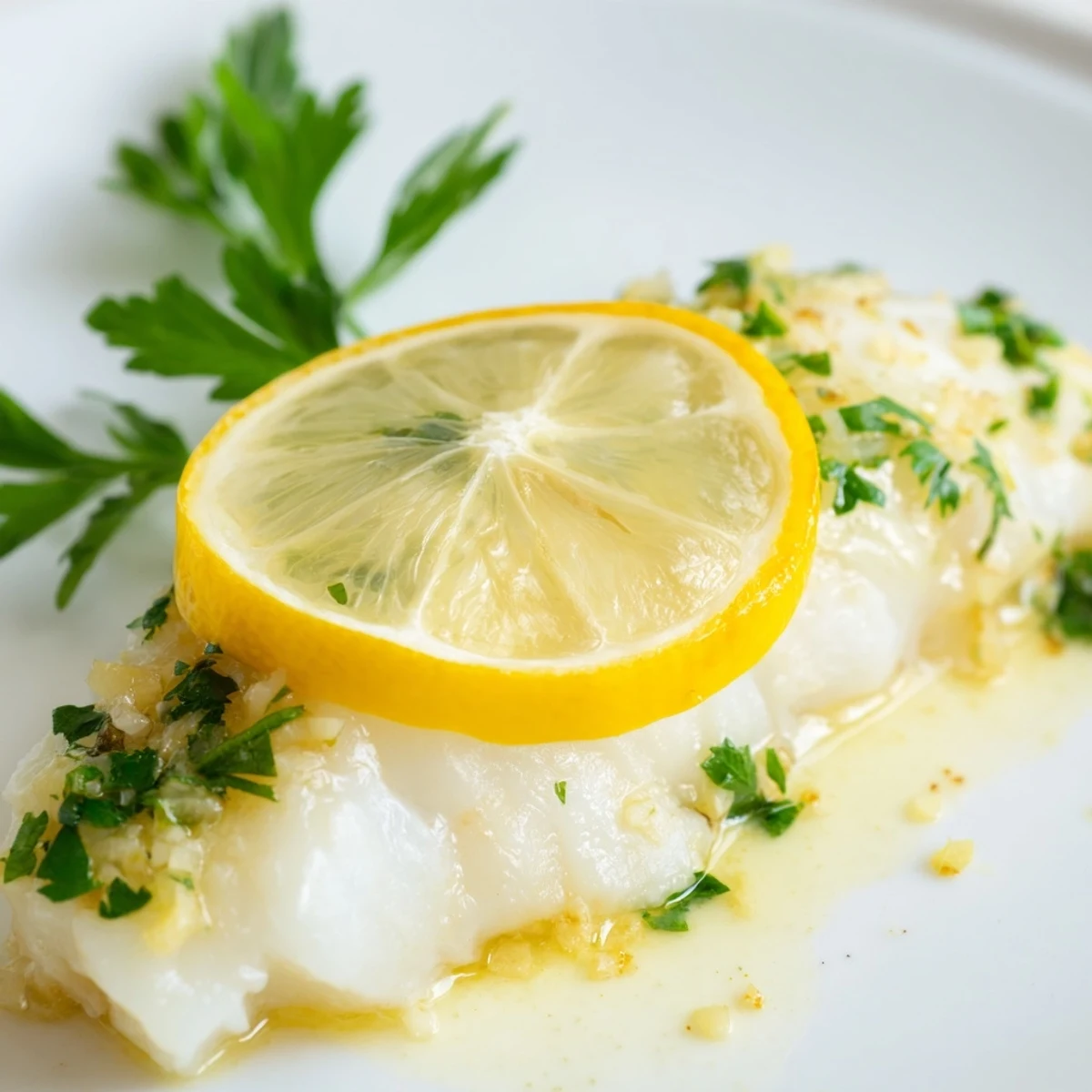 Moist, perfectly cooked Baked Cod with Lemon and Butter on a baking sheet, garnished with fresh parsley and lemon wheels.