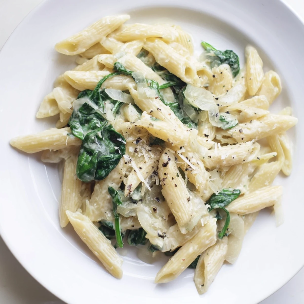 Freshly cooked Creamy Spinach Pasta with Garlic steams in a skillet, garnished with extra Parmesan and cracked black pepper for a comforting vegetarian dinner.