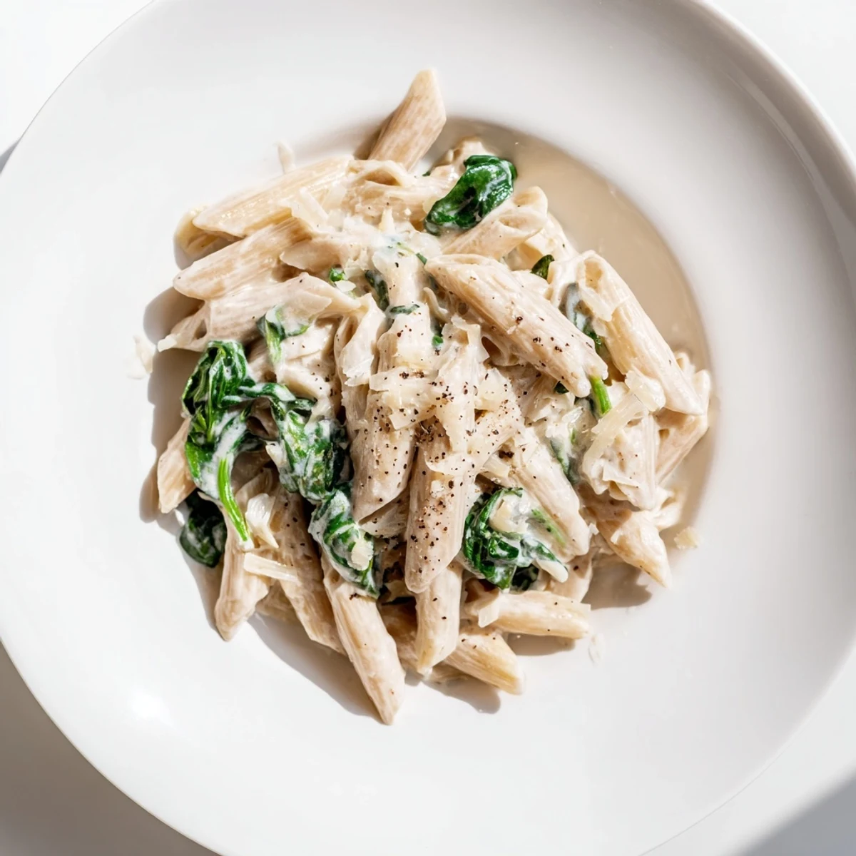 Close-up of Creamy Spinach Pasta with Garlic, featuring al dente penne coated in a luscious cream sauce, ready to be enjoyed with a glass of white wine.
