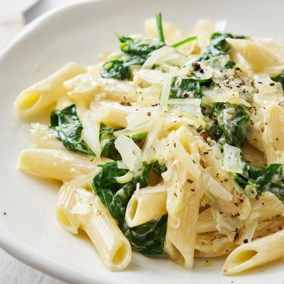 Creamy Spinach Pasta with Garlic served in a white bowl, tossed with wilted spinach and a rich, velvety sauce, perfect for an easy weeknight meal.