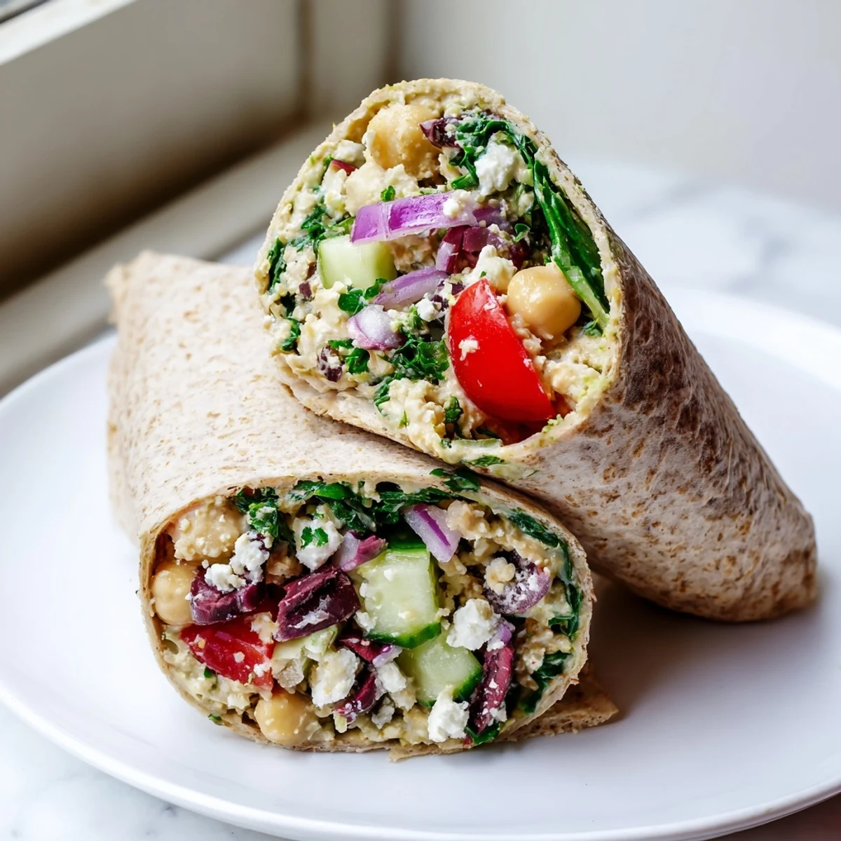 Golden Mediterranean Chickpea Wrap sliced on a wooden board, filled with chunky chickpeas, cherry tomatoes, cucumber, and Kalamata olives.