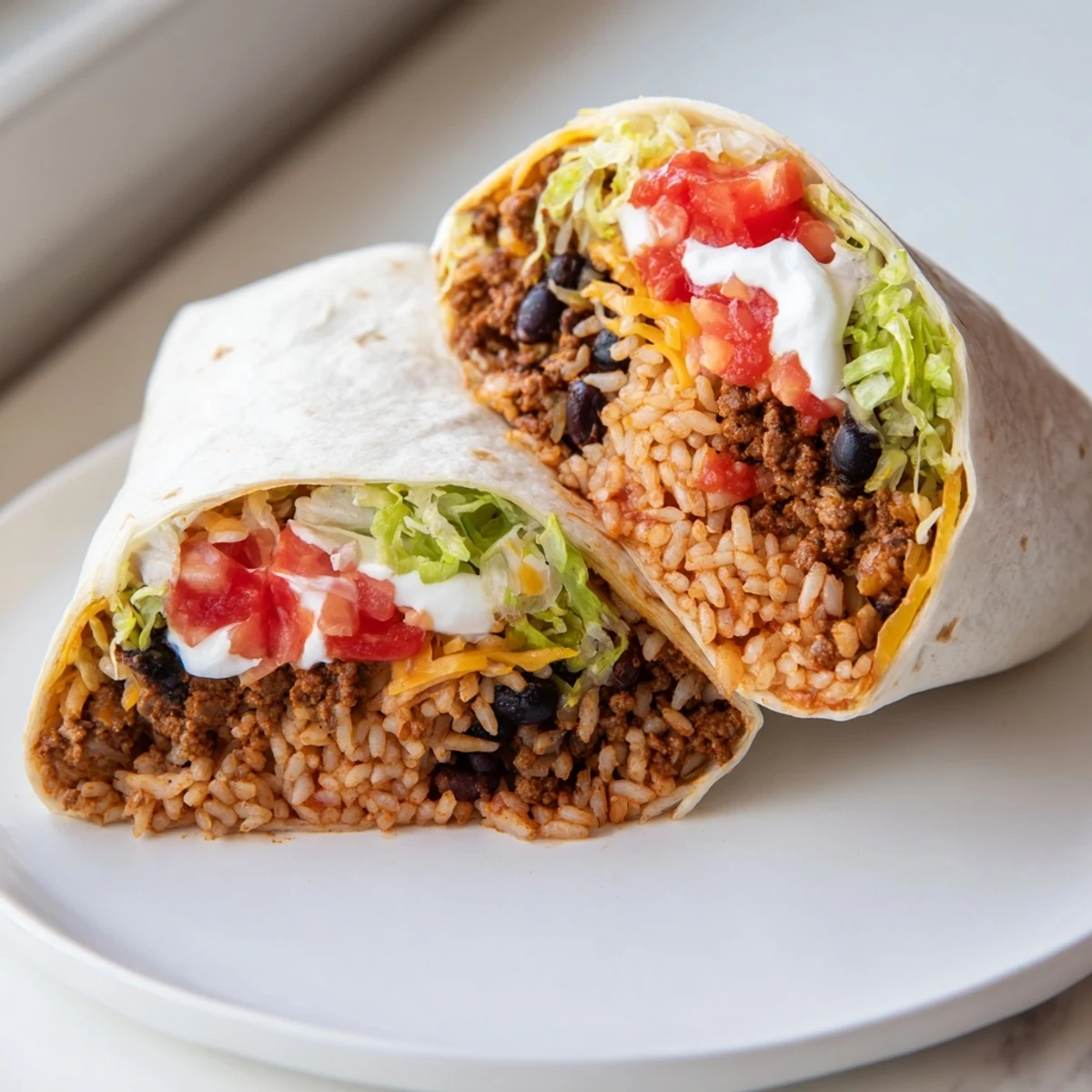 Close-up of a freshly assembled Beef Burrito with Rice and Beans, showing seasoned ground beef, fluffy rice, and black beans spilling from a warm flour tortilla.