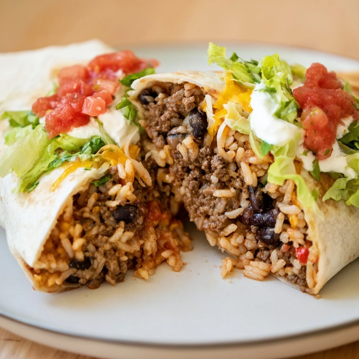A platter of four hearty Beef Burritos with Rice and Beans, topped with shredded lettuce, diced tomatoes, and a dollop of sour cream for a casual family meal.