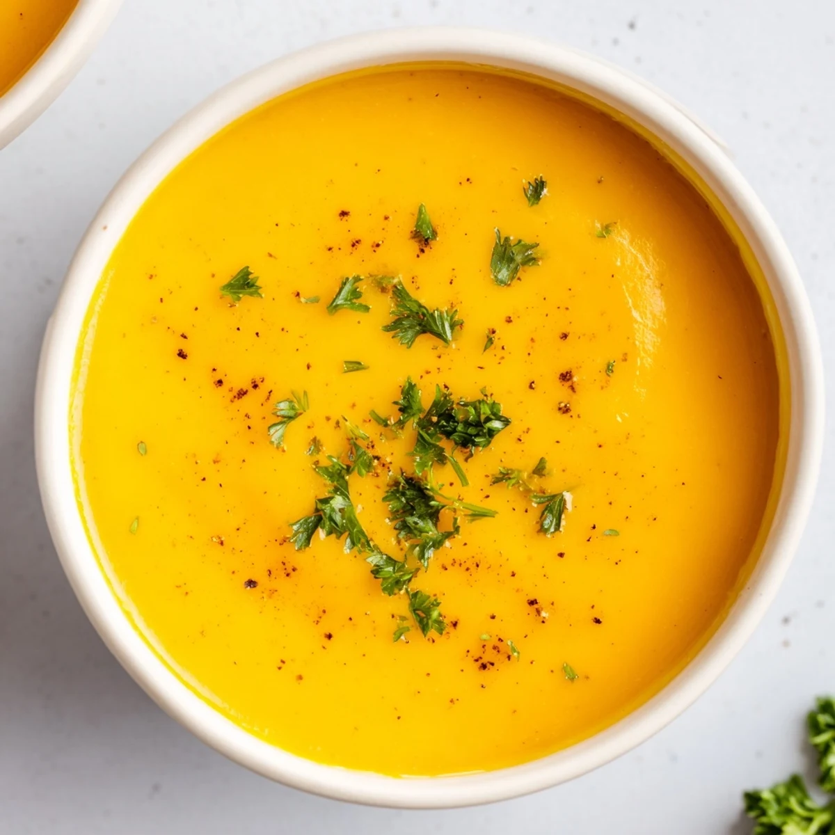 Close-up of a bowl of roasted butternut squash soup topped with herbs, served alongside crusty gluten-free bread.