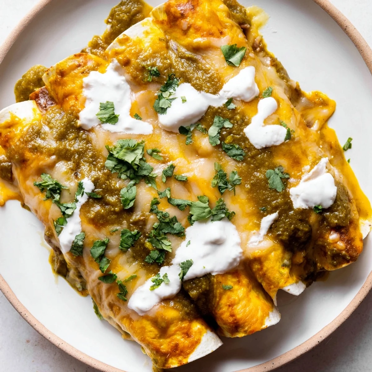 Golden, melted cheese blankets these Beef Enchiladas with Green Sauce, bubbling over vibrant green tomatillo salsa.