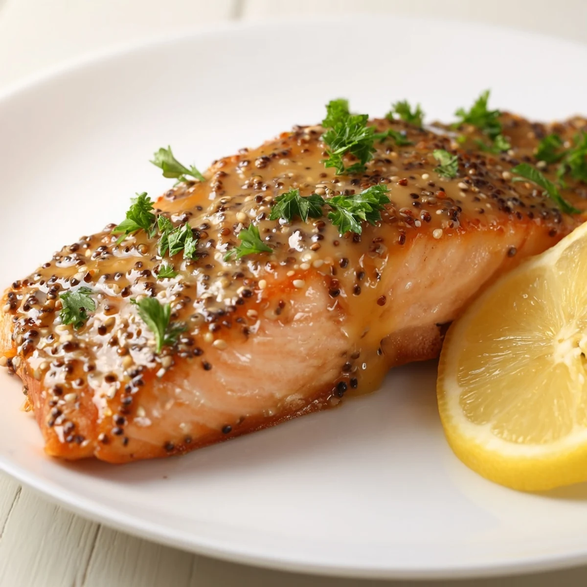 Sizzling Baked Salmon with Honey Mustard fresh from the oven, garnished with parsley and lemon wedges.