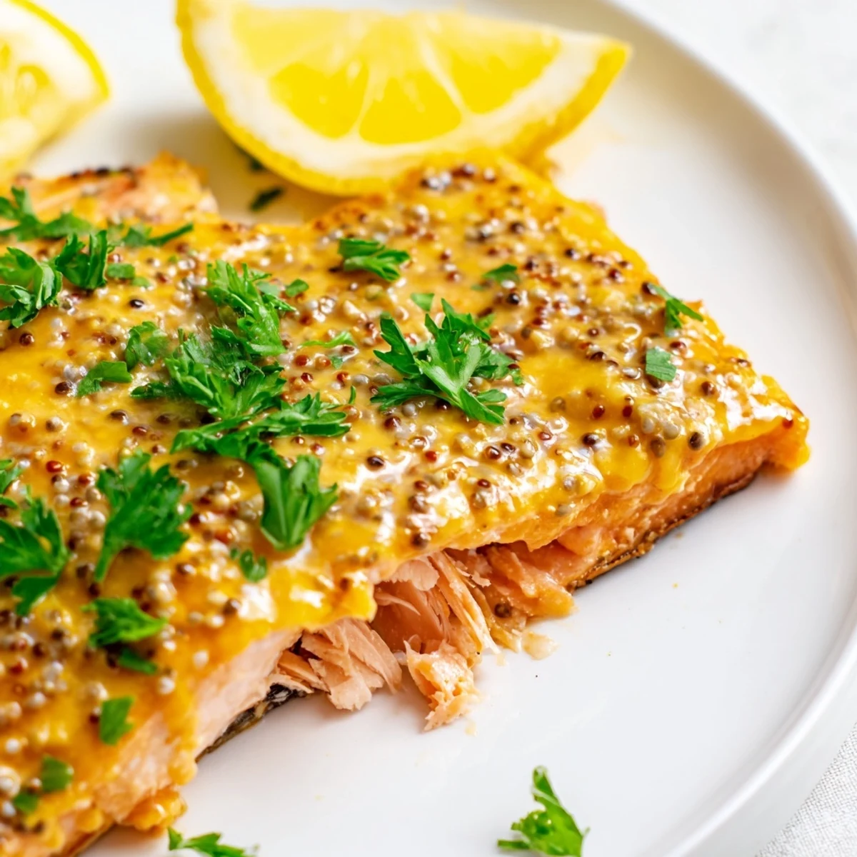 Four golden-brown baked salmon fillets coated in sticky honey mustard glaze on a white plate.