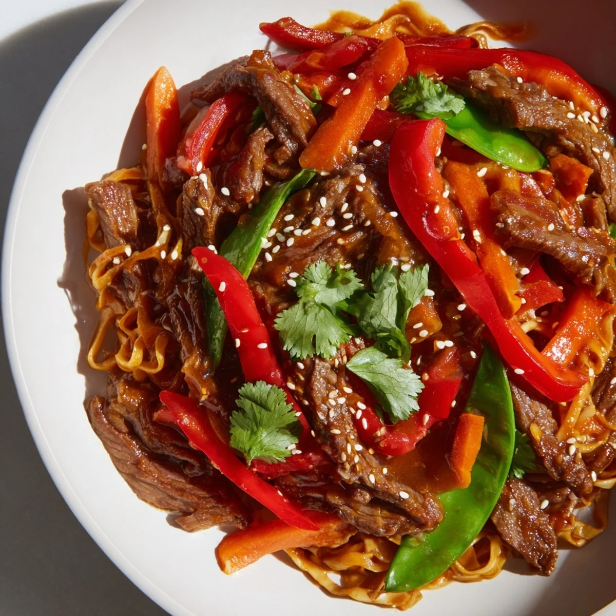 Quick-cooked beef strips and noodles tossed in a fiery, glossy sauce for dinner.