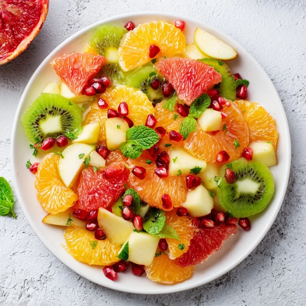A vibrant bowl of Winter Fruit Salad with Mint showcases ruby pomegranate seeds and sliced kiwi for refreshing winter bites.
