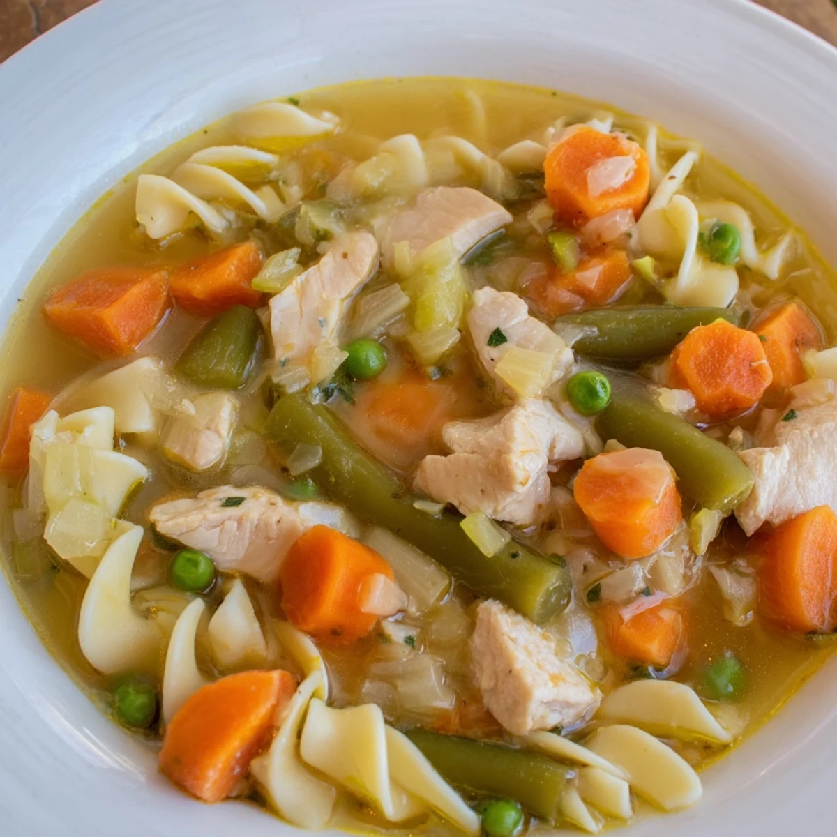 A steaming bowl of Chicken Noodle Soup with Veggies, featuring tender chicken pieces, bright carrots, celery, and hearty egg noodles in a clear broth.