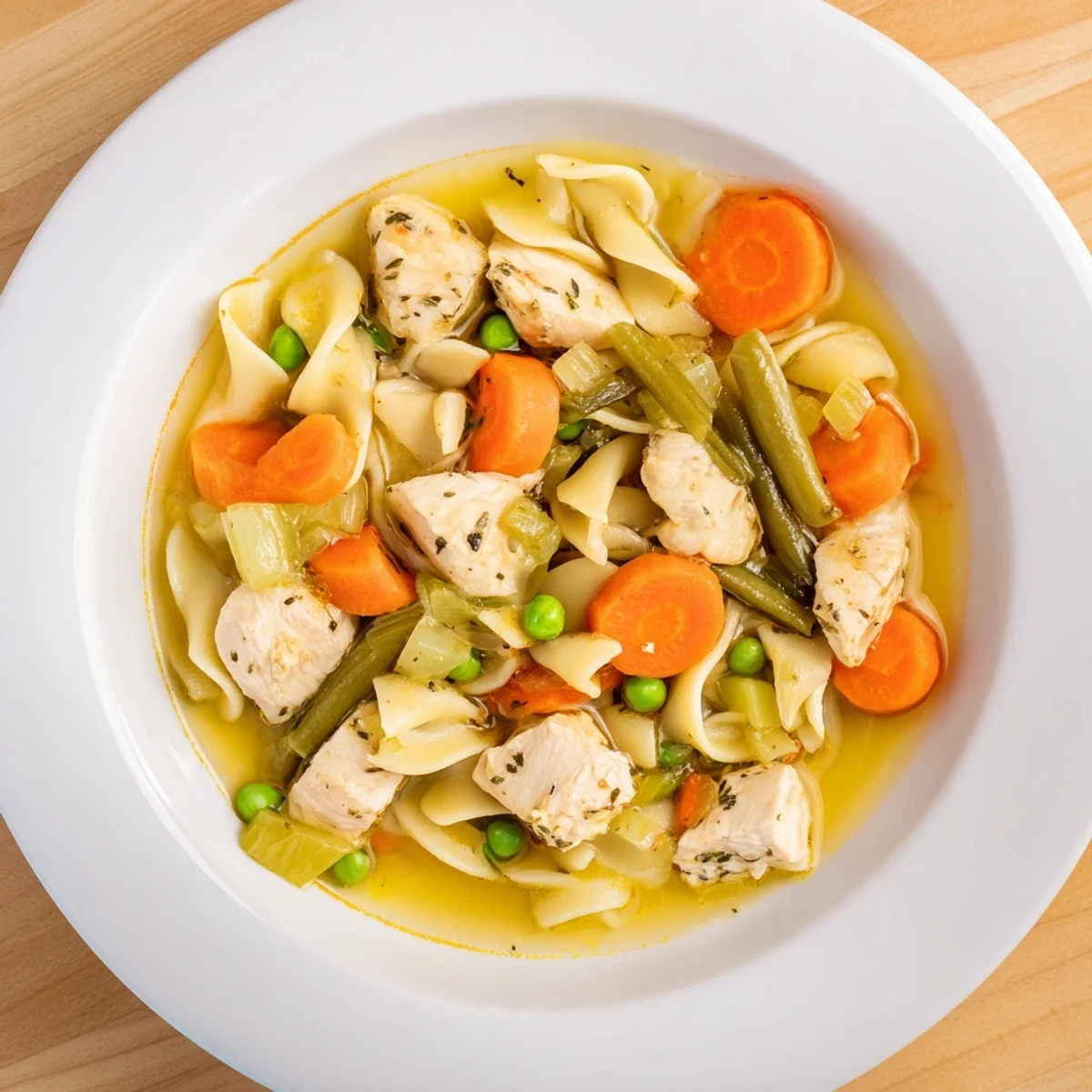 This comforting Chicken Noodle Soup with Veggies showcases colorful vegetables like green beans and peas floating in a savory golden broth.