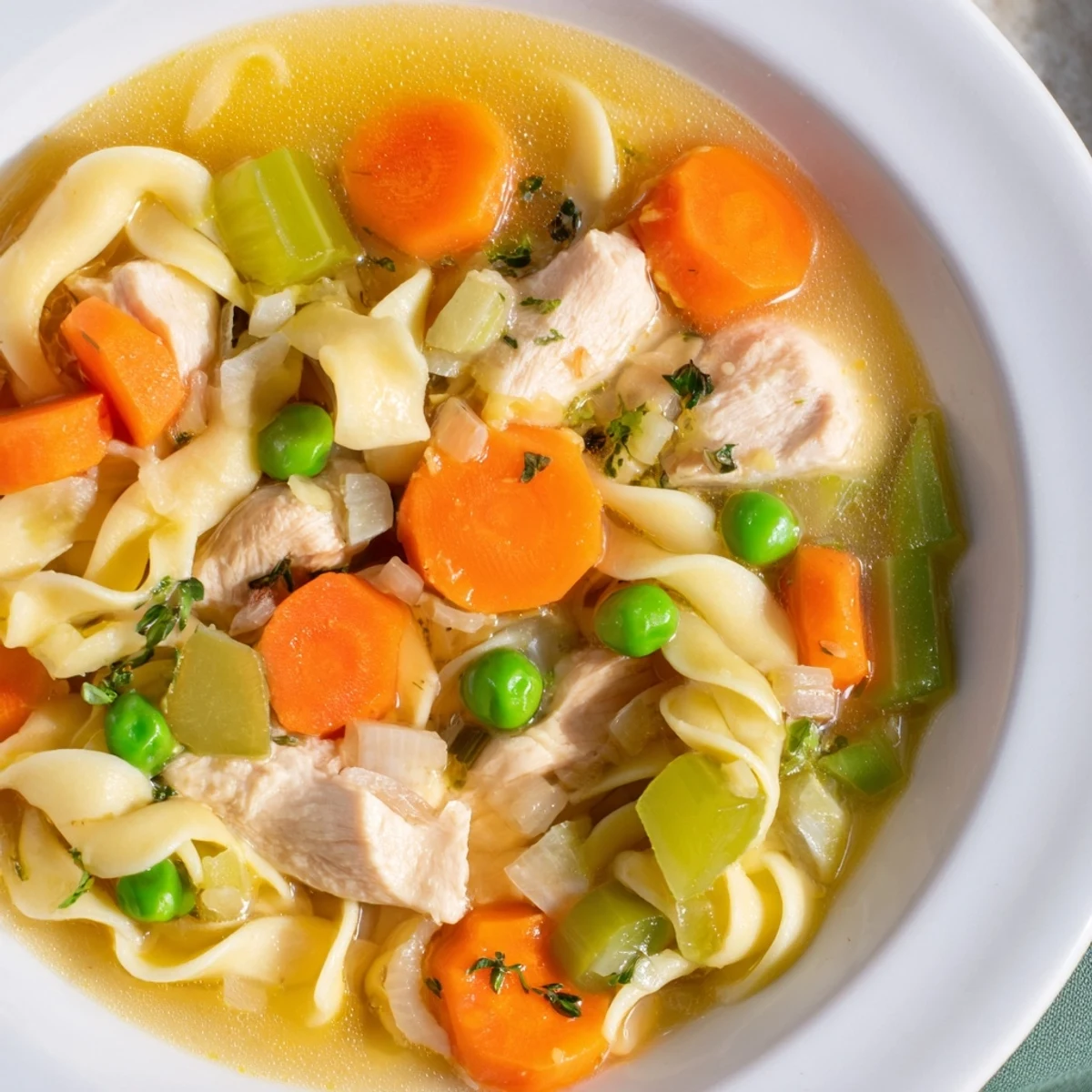 Serving suggestion for Chicken Noodle Soup with Veggies, a warm and comforting meal perfect for a cozy family dinner.
