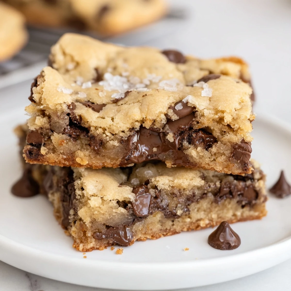 Freshly baked Chocolate Chip Cookie Bars with golden edges and melty chocolate chips sit on a wire rack.
