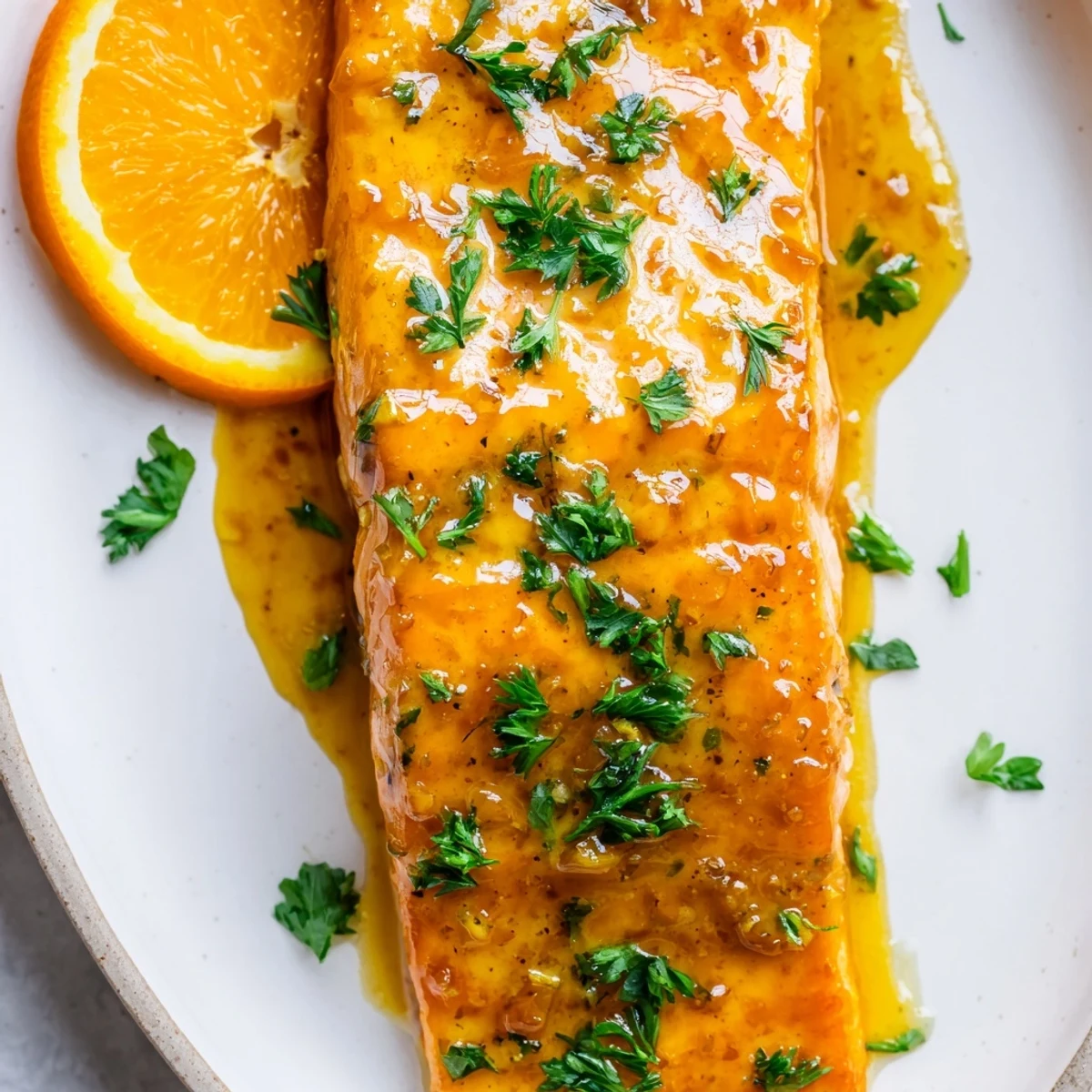 Freshly baked salmon fillets glistening with a bright orange glaze, garnished with parsley and served alongside fluffy rice.