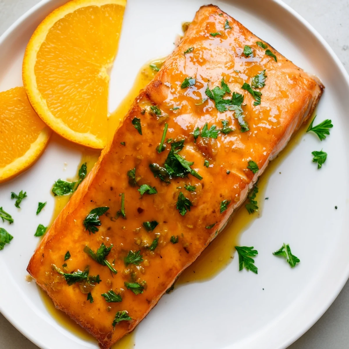 Golden-baked salmon fillets with a sticky orange glaze, finished with fresh parsley on a rustic serving platter.