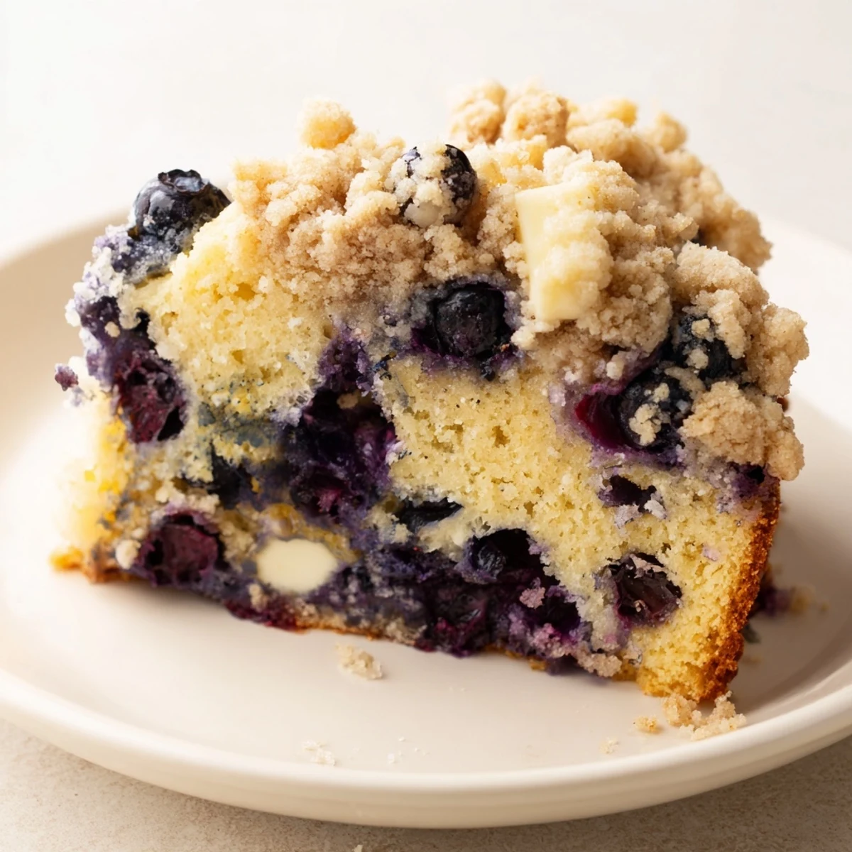 A slice of moist lemon blueberry coffee cake topped with buttery crumb streusel and a light lemon glaze.