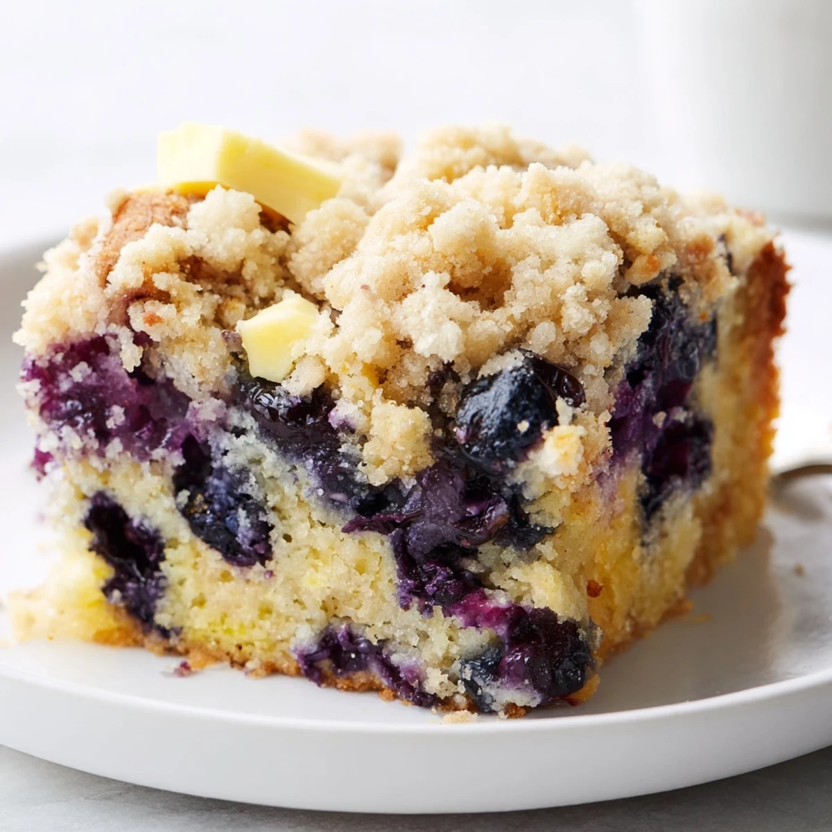 Warm, homemade lemon blueberry coffee cake served with a cup of coffee on a sunny morning.