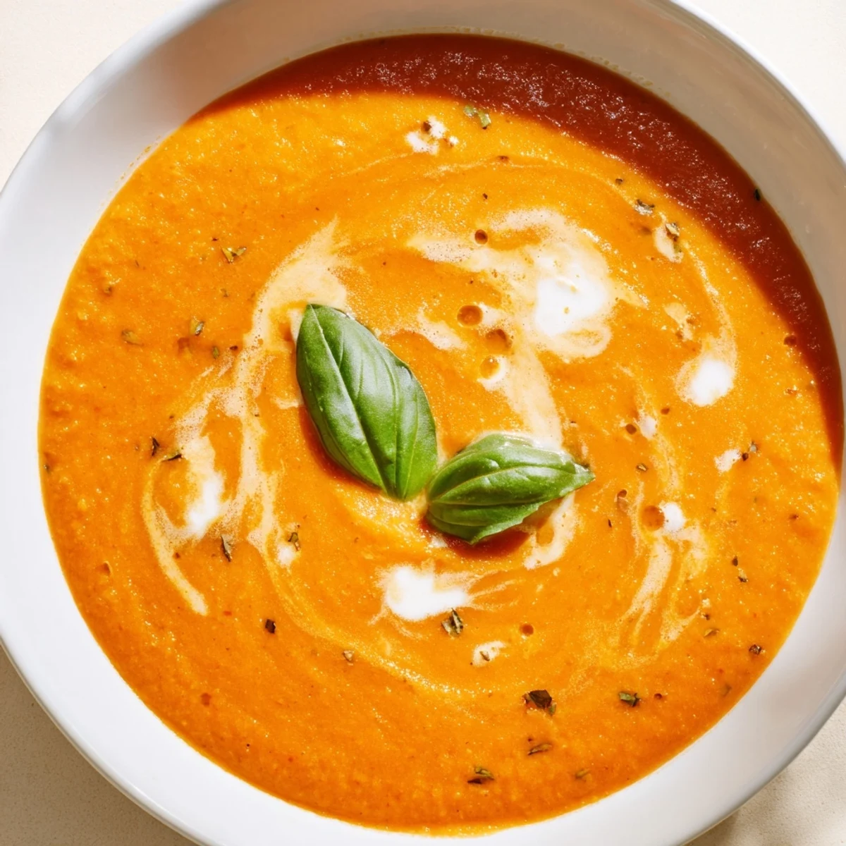 A warm bowl of creamy tomato soup with basil, garnished with fresh leaves and a swirl of cream.