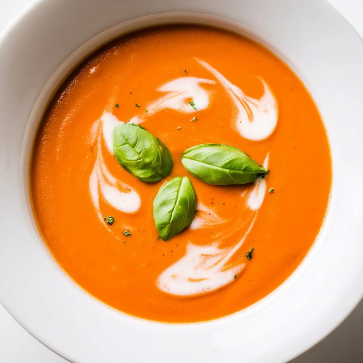 Homemade creamy tomato soup with basil, topped with basil chiffonade and a drizzle of olive oil, steaming hot.