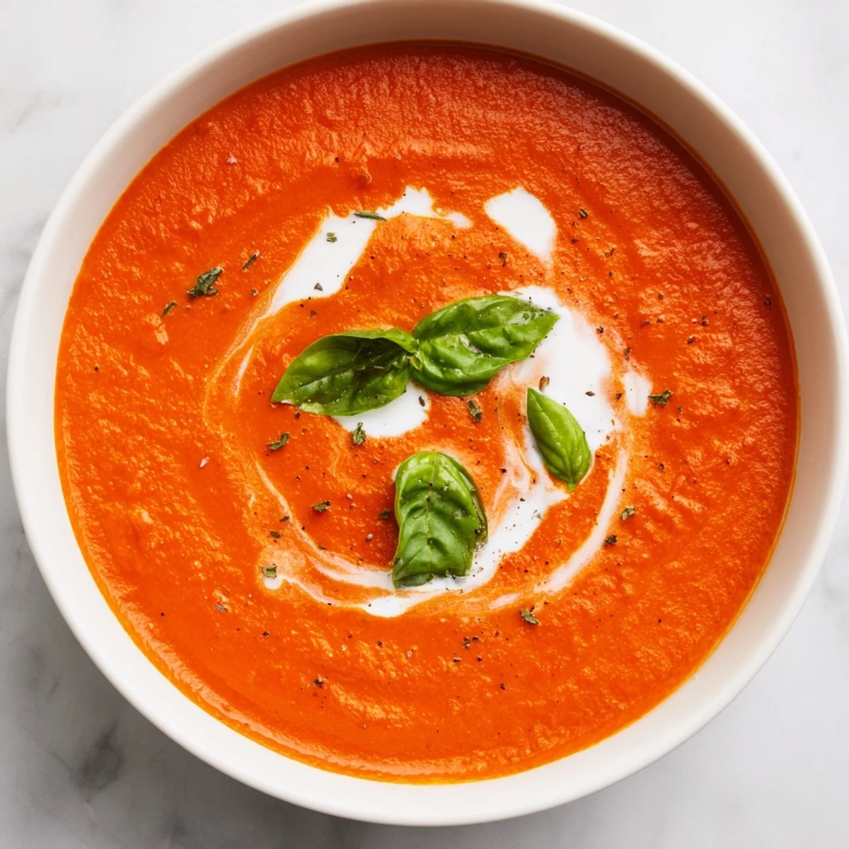 Creamy tomato soup with basil in a rustic mug, paired with a golden grilled cheese sandwich for dipping.