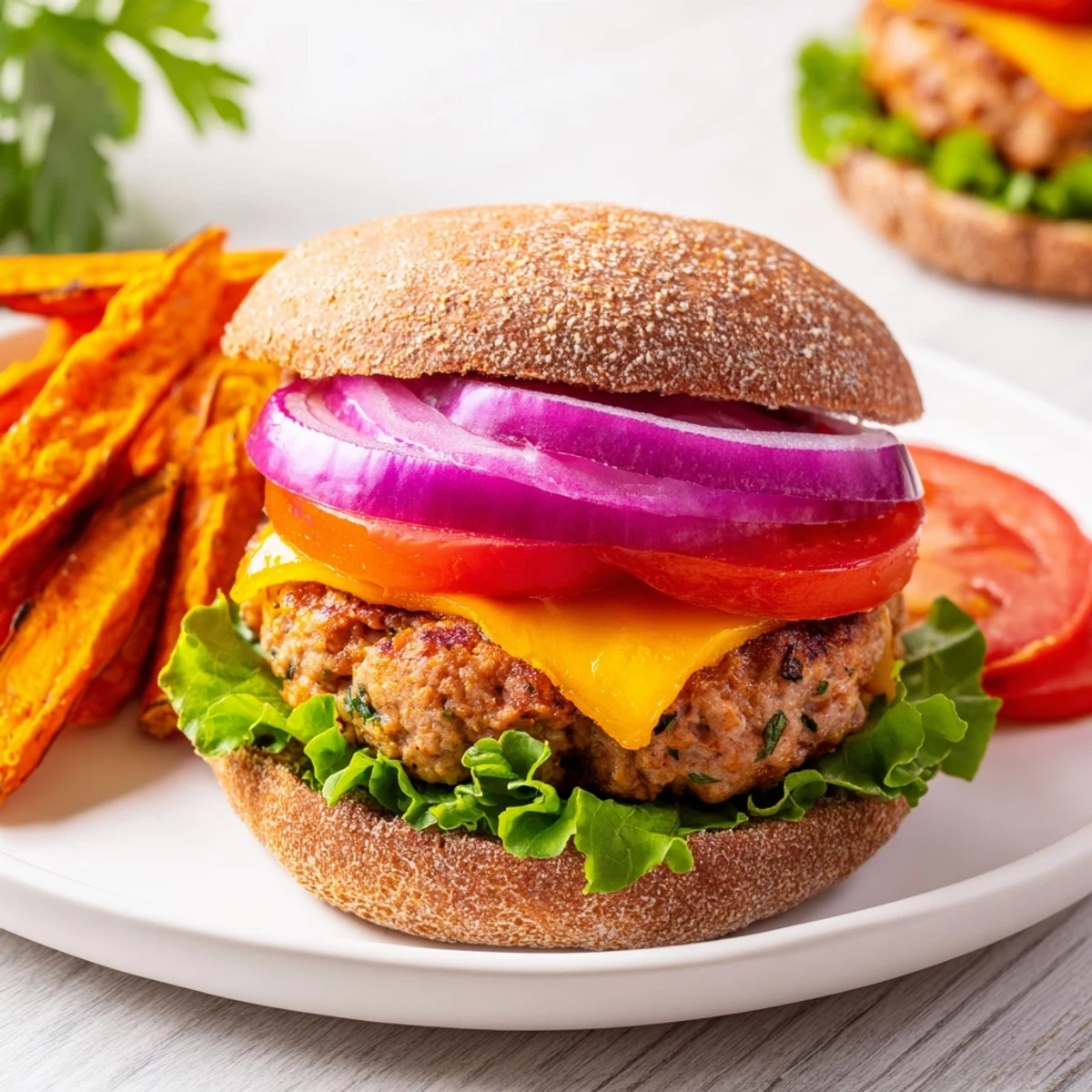 Golden Turkey Burger with Sweet Potato Fries on a toasted bun, ready to eat with fresh toppings.