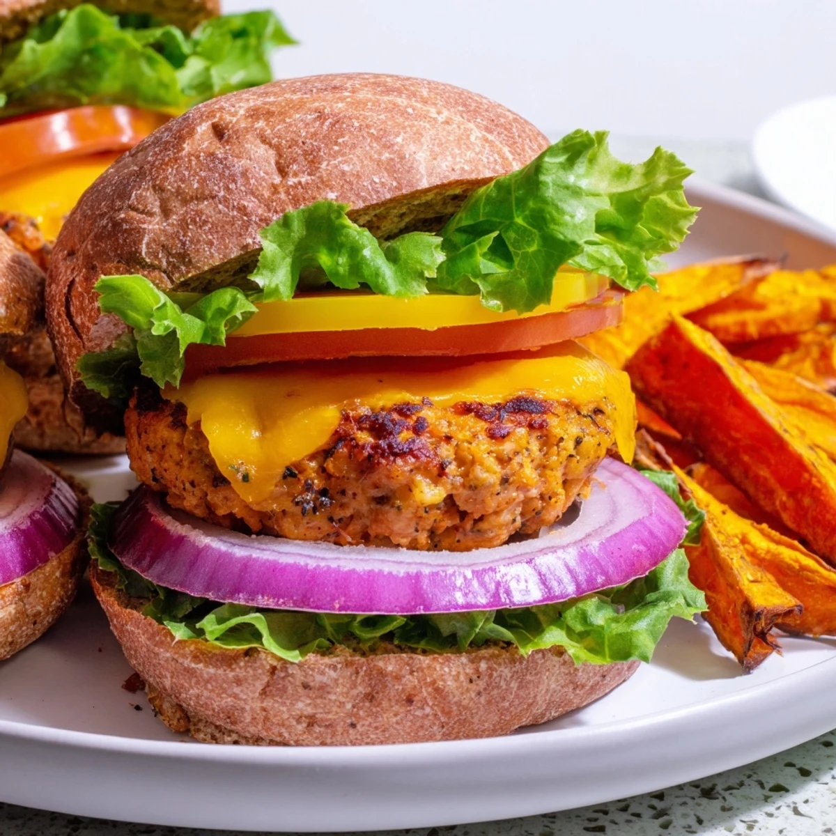 A plated Turkey Burger with Sweet Potato Fries featuring a juicy patty and crisp, baked orange fries.