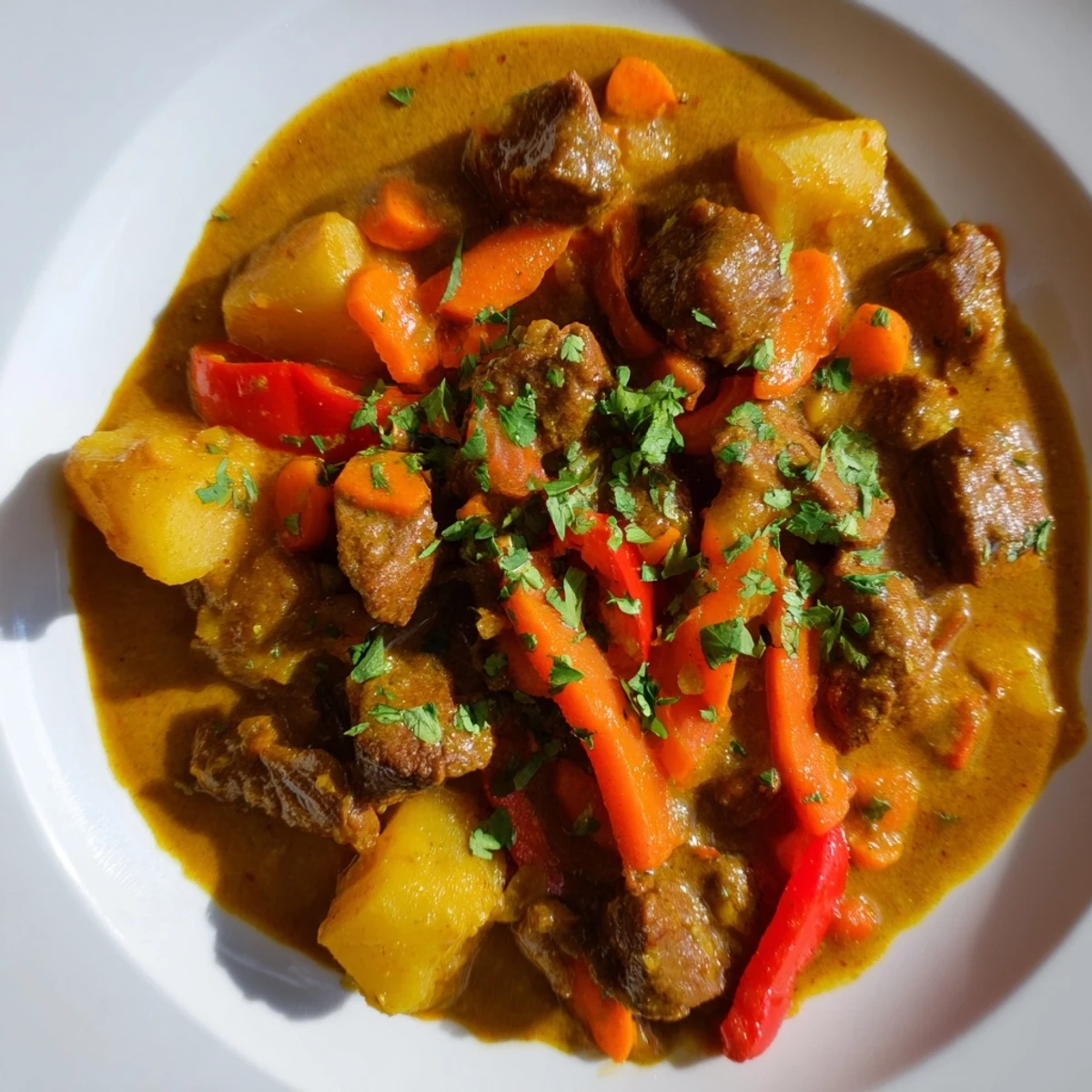 Steamed white basmati rice beside a bowl of Slow Cooker Beef Curry, garnished with fresh cilantro and a lemon wedge, ready to serve.