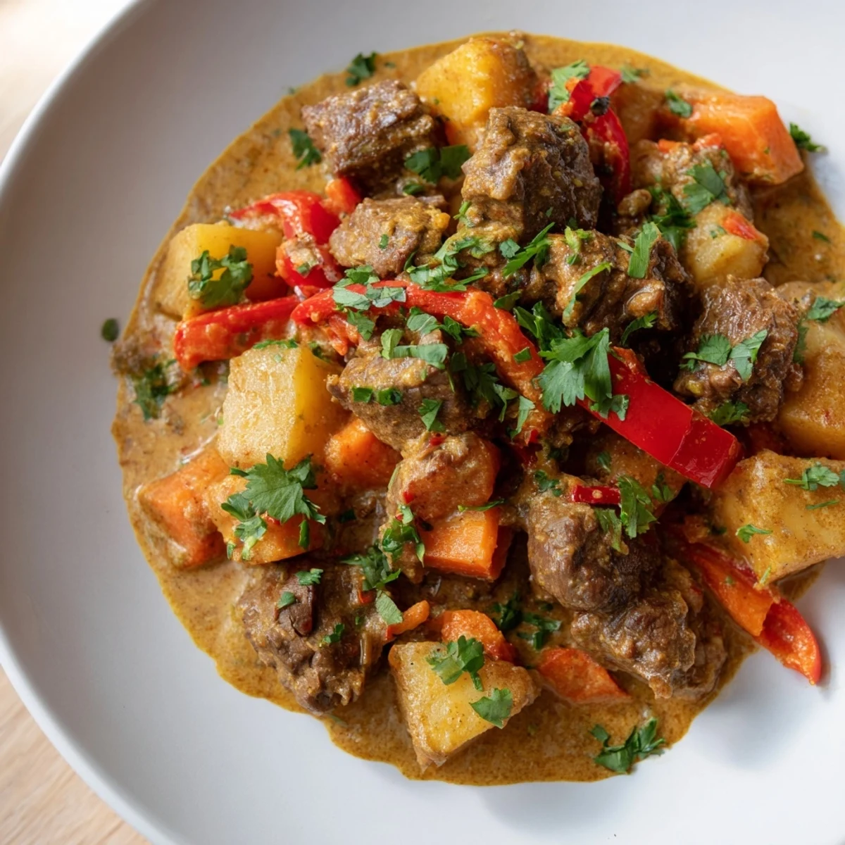 A hearty bowl of Slow Cooker Beef Curry plated for dinner, featuring fall-apart beef and vibrant red bell peppers in a creamy sauce.