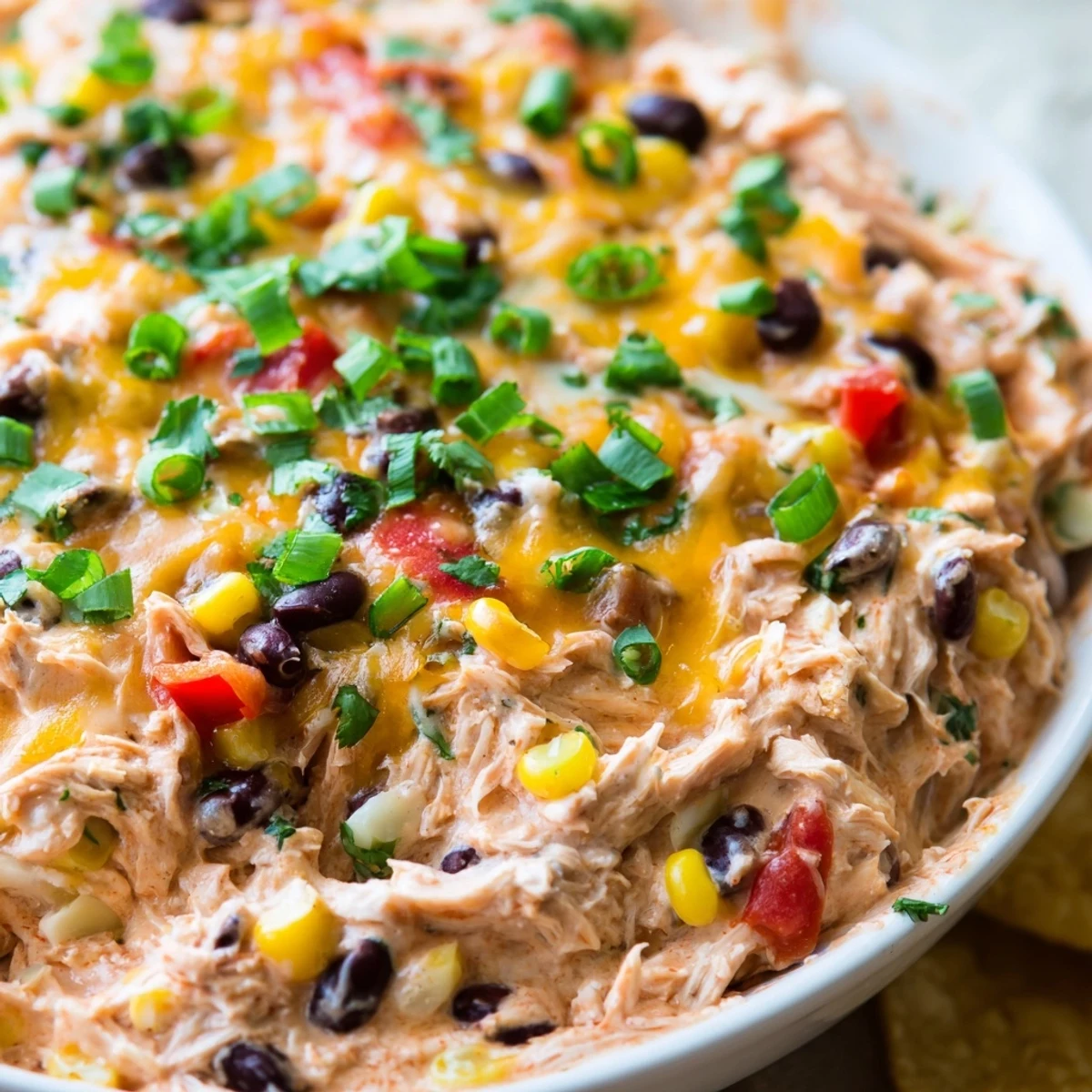 Steam rises from a rich, gooey Chicken Enchilada Dip filled with chicken and black beans.