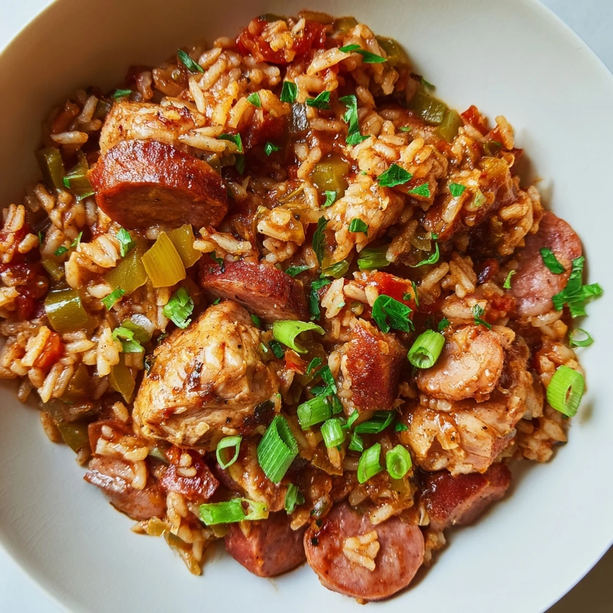 Vibrant jambalaya with chicken and turkey andouille sausage, simmered with rice, tomatoes, and Creole spices in a Dutch oven.
