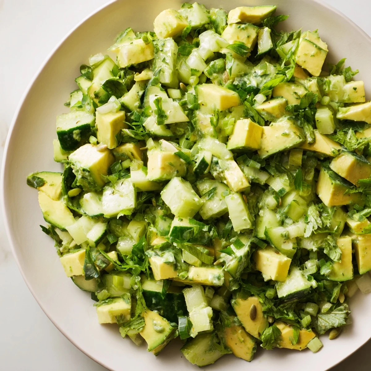 A vibrant vegetarian Green Goddess Salad featuring crisp cucumbers and creamy avocado, topped with feta and pumpkin seeds for extra crunch.