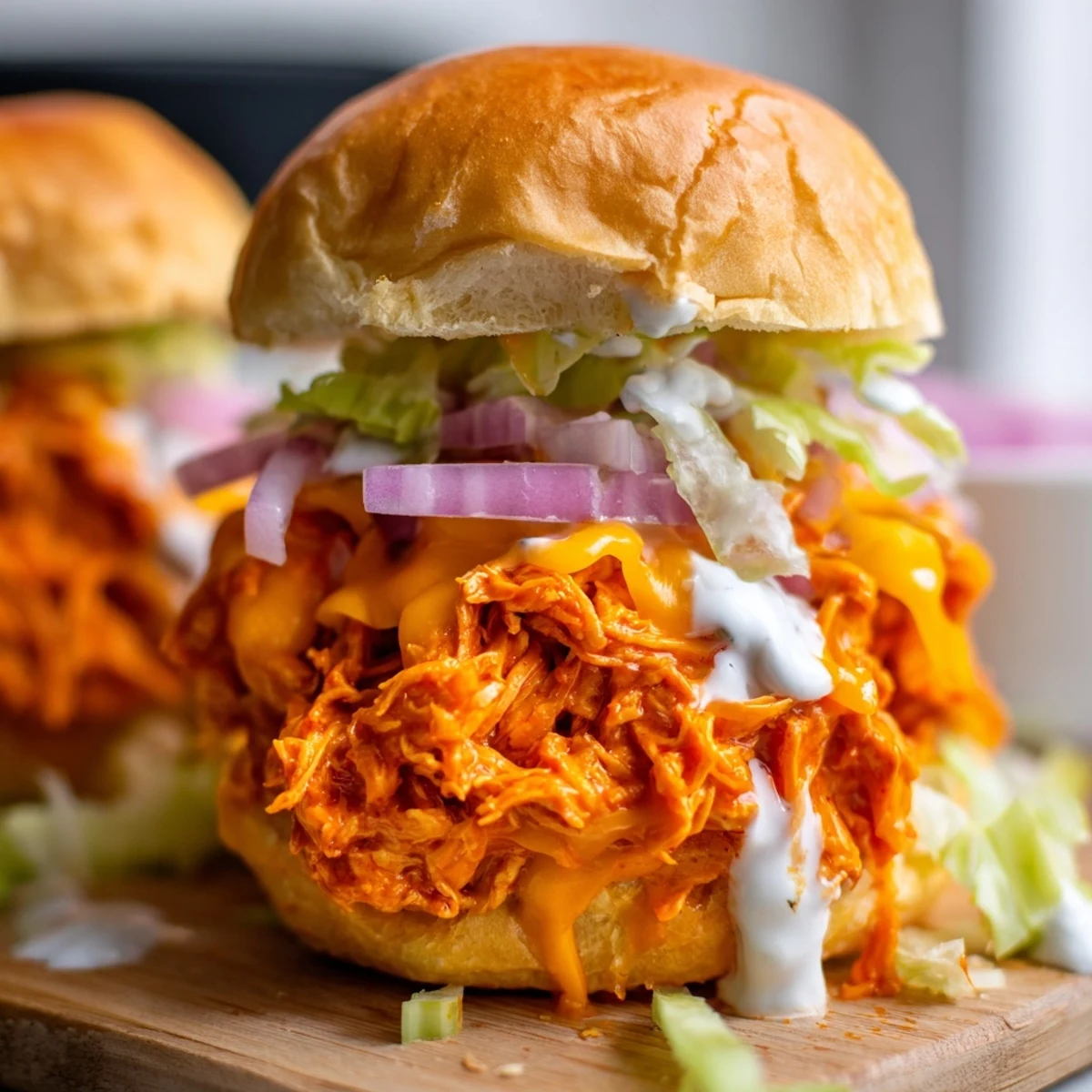 Warm Buffalo Chicken Sliders with melted cheddar, crisp lettuce, red onion, and celery on soft buns, drizzled with creamy homemade ranch dressing for a game-day bite.