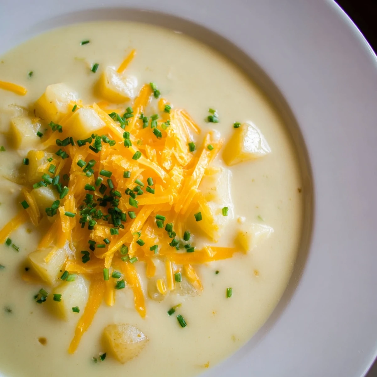 A warm bowl of Irish Potato Soup with Cheddar and Chives, garnished with fresh herbs.