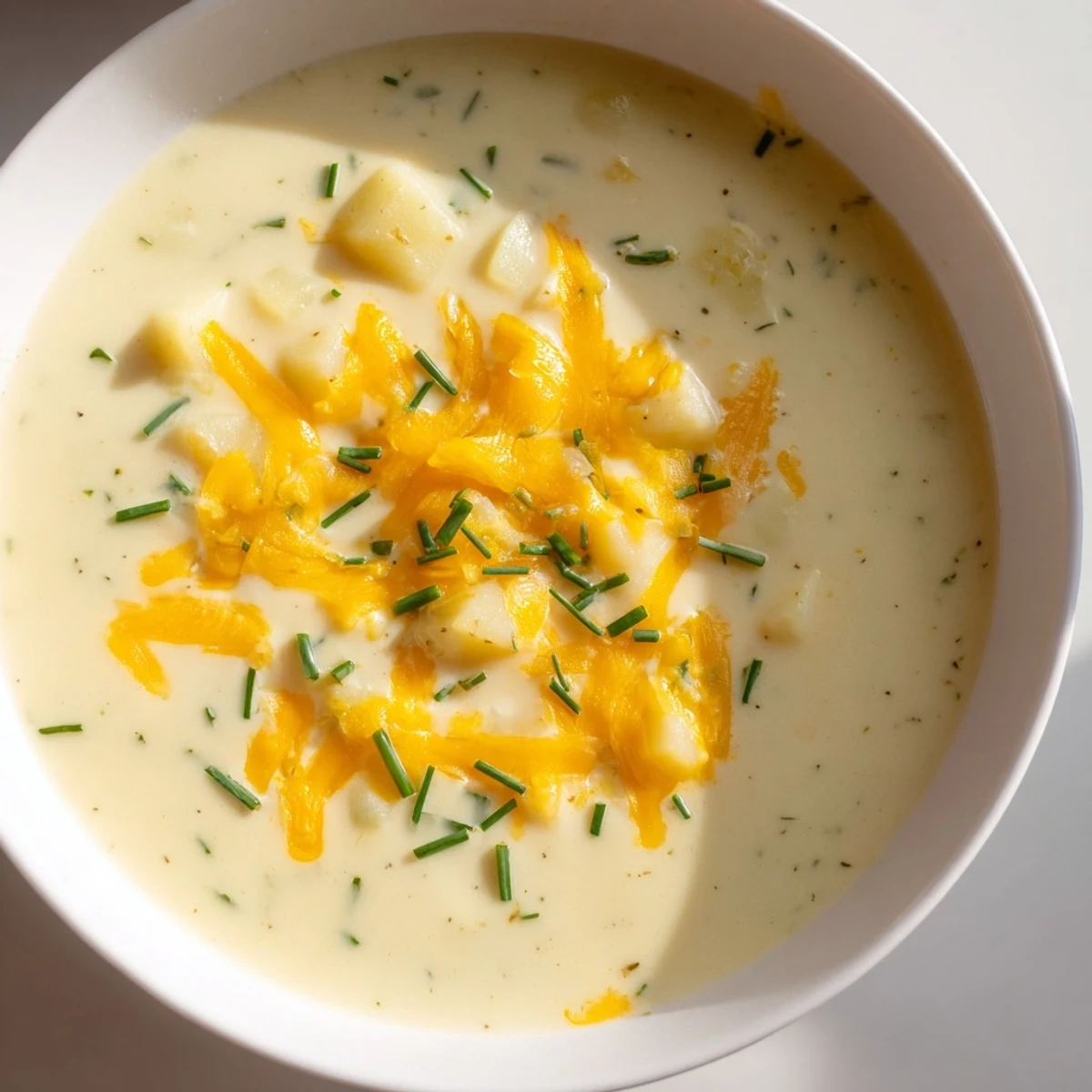 Creamy Irish Potato Soup with Cheddar and Chives served in a rustic bread bowl.