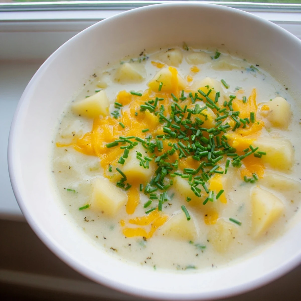 A spoon dipping into velvety Irish Potato Soup with Cheddar and Chives and melted cheese.