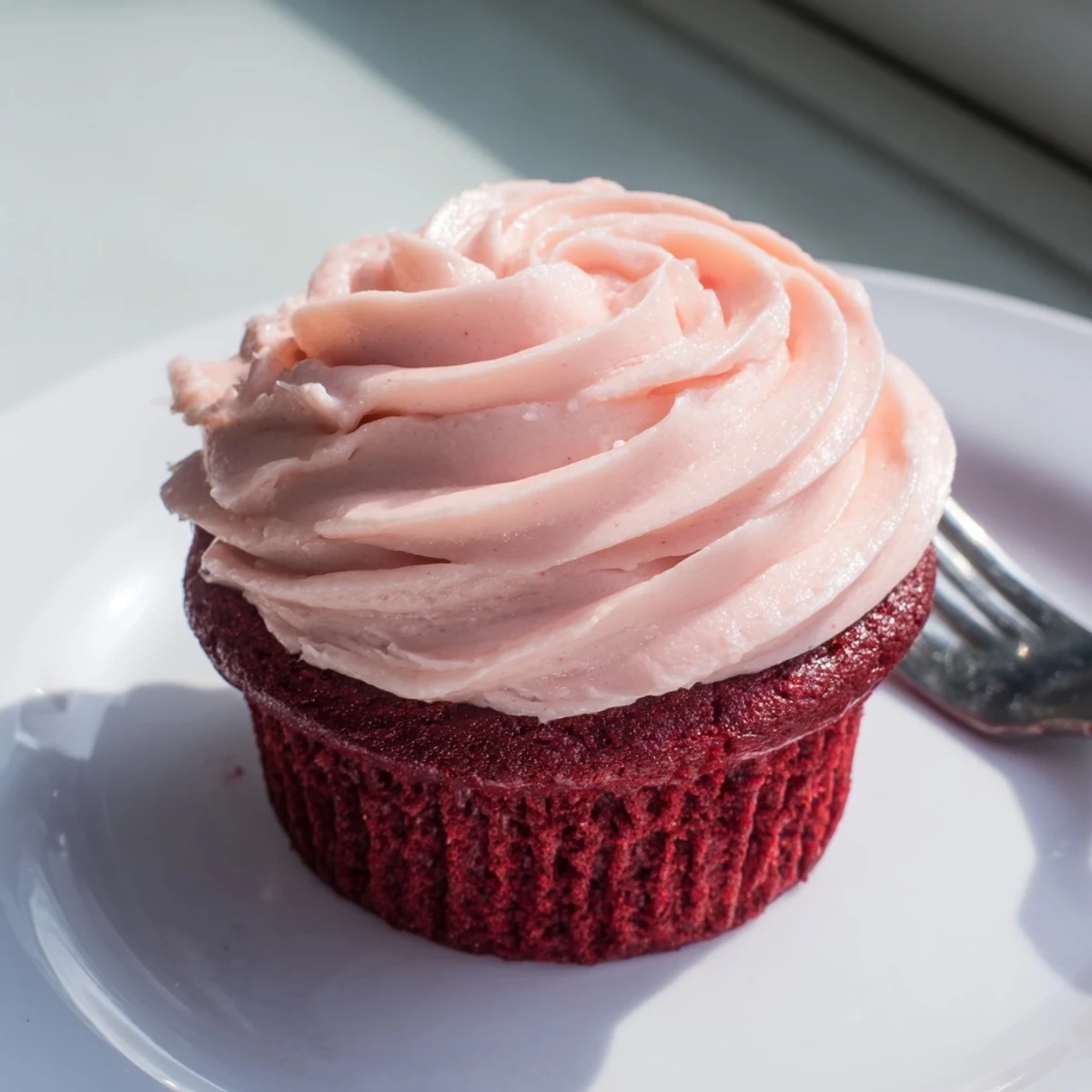Twelve moist, vibrant red velvet cupcakes with silky pink cream cheese frosting, displayed on a white ceramic plate.  