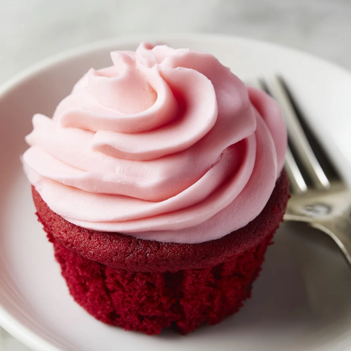 Stacked red velvet cupcakes with pink cream cheese frosting, ready to serve at a festive gathering.