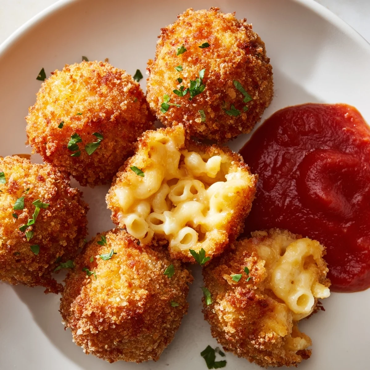 Golden, crispy Fried Macaroni and Cheese Balls with marinara, garnished with fresh parsley on a rustic board.  