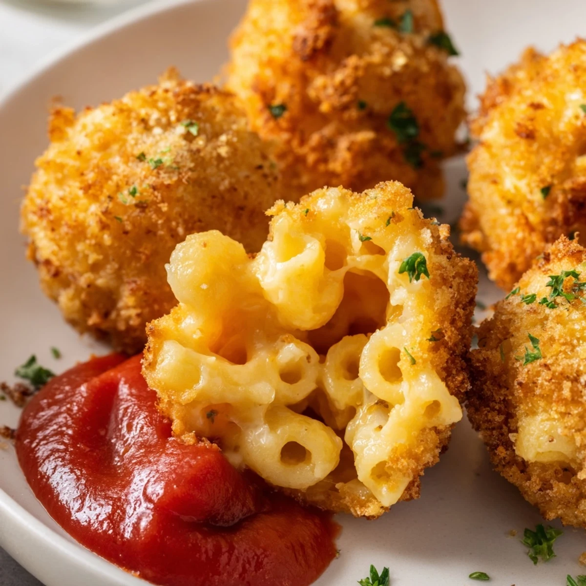A close-up of Fried Macaroni and Cheese Balls, revealing a creamy, cheesy center and tangy marinara dip.  