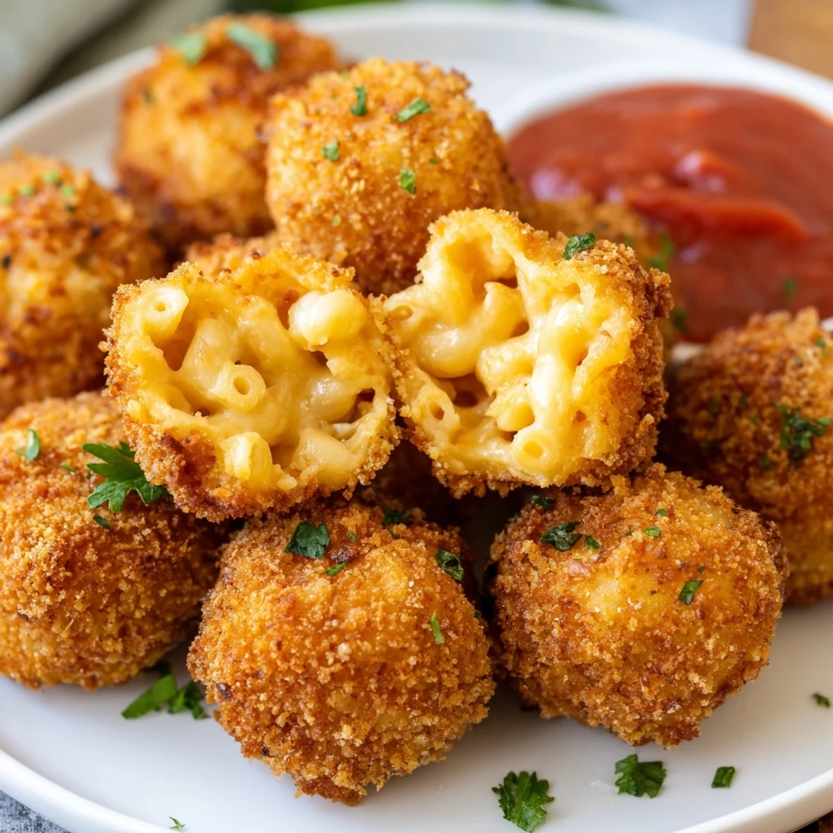 Fried Macaroni and Cheese Balls arranged on a platter, paired with warm marinara sauce for an appetizer.