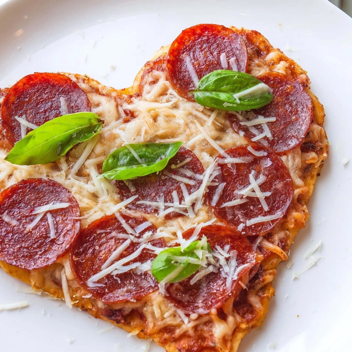 Golden-brown heart-shaped beef pepperoni pizza with melted mozzarella on a baking sheet.