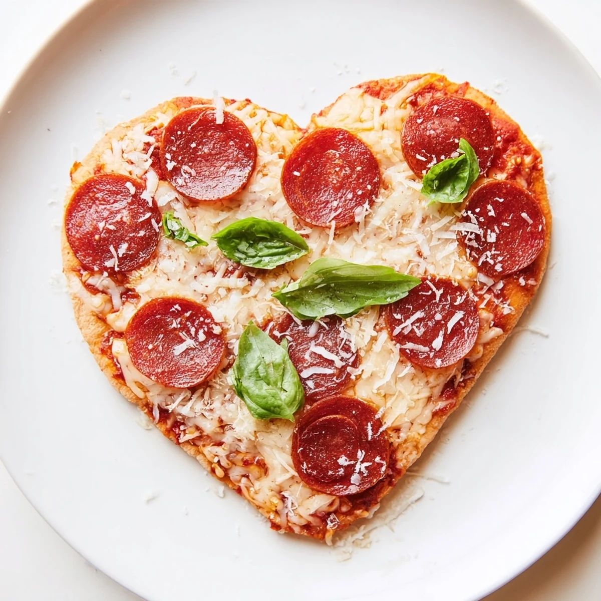 Close-up of a heart-shaped beef pepperoni pizza, featuring a crisp crust and fresh basil.