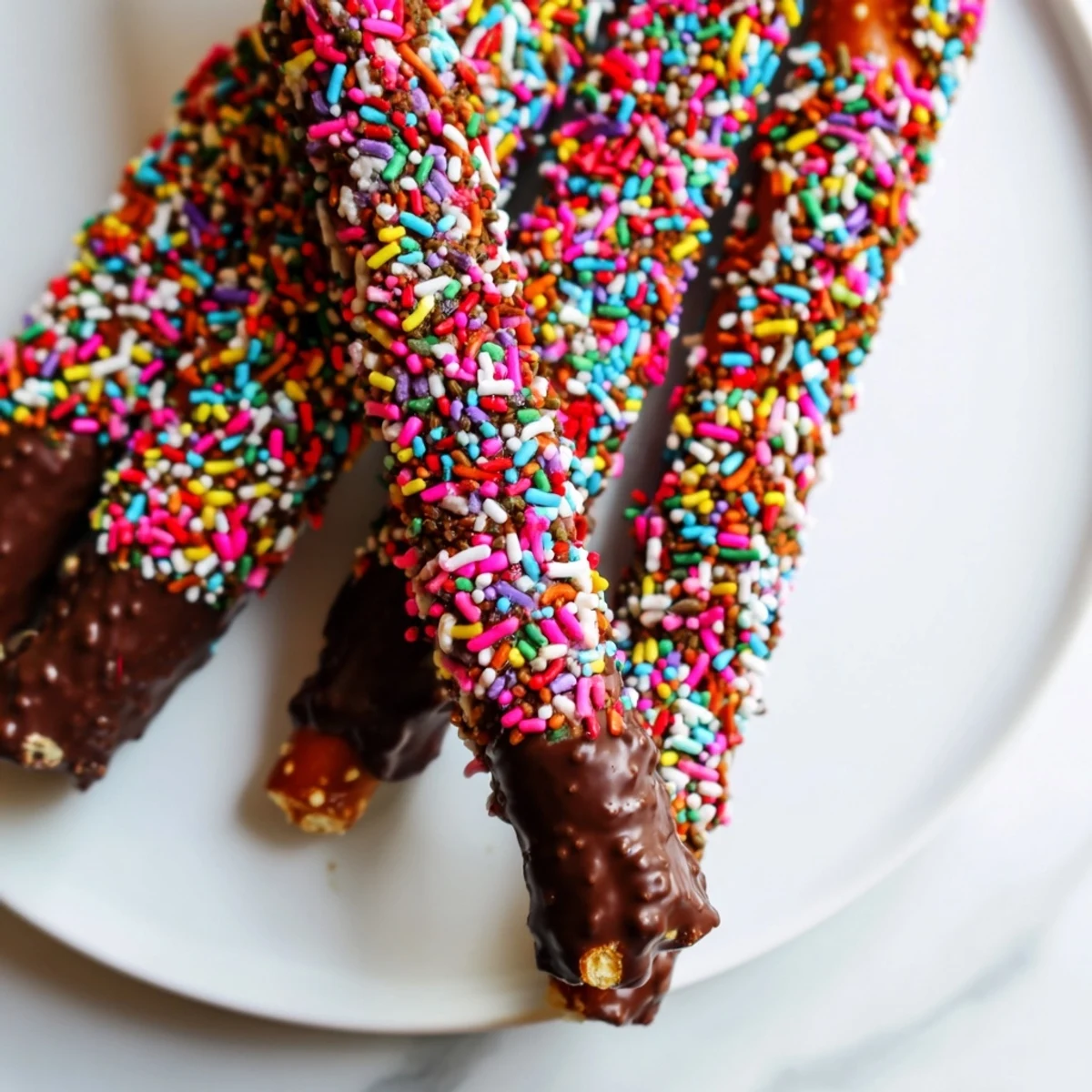 Golden chocolate-dipped pretzel rods, glistening with Valentine's Day sprinkles, stacked vertically on a white ceramic plate.