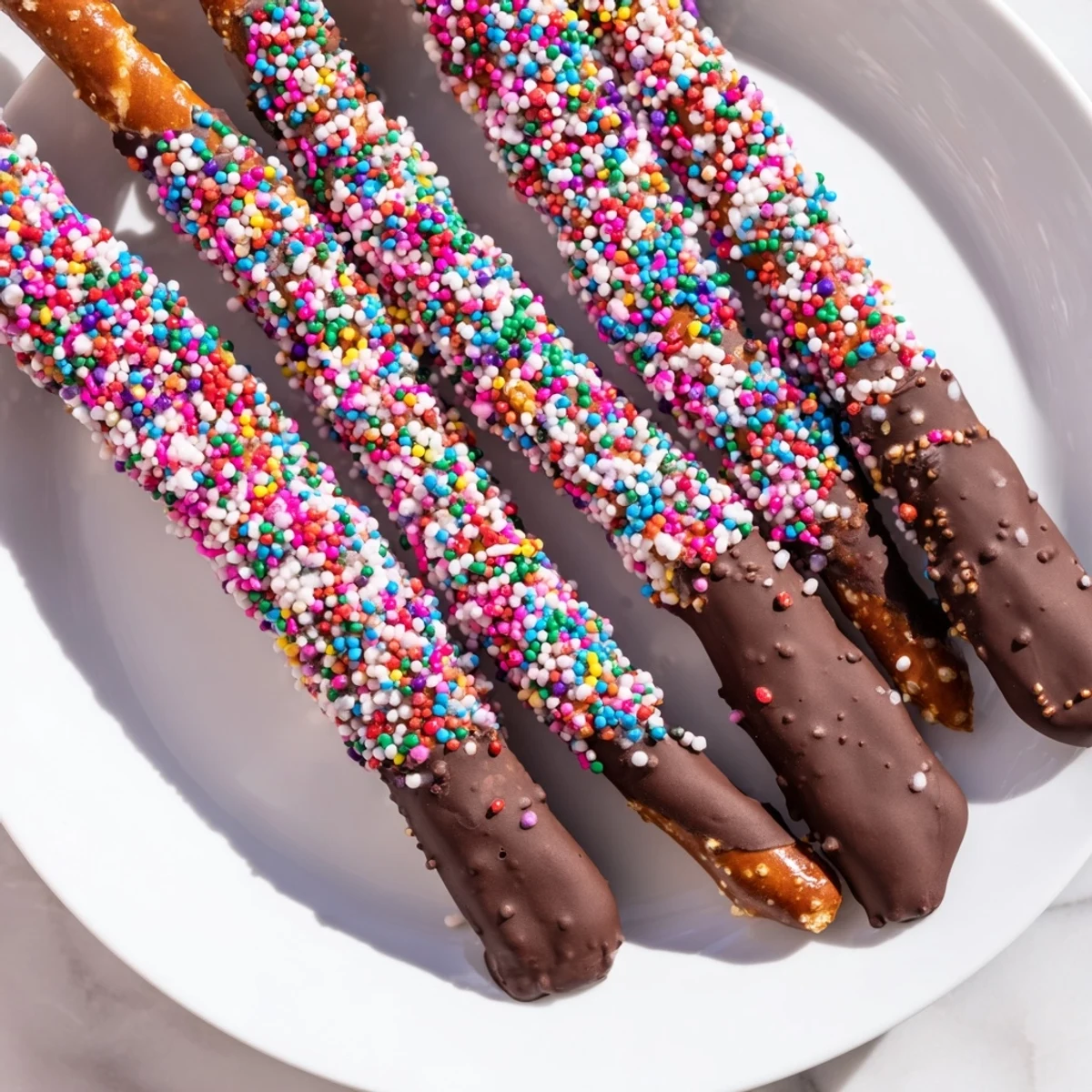 A close-up view of crunchy pretzel sticks coated in smooth, dark chocolate, topped with vibrant red and pink heart-shaped sprinkles.